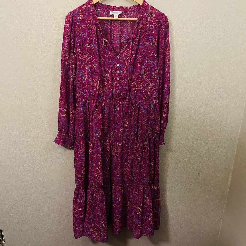 Beach Lunch Lounge 2 Layer Floral Dress Long Sleeve Boho Dopamine Fuchsia Size M